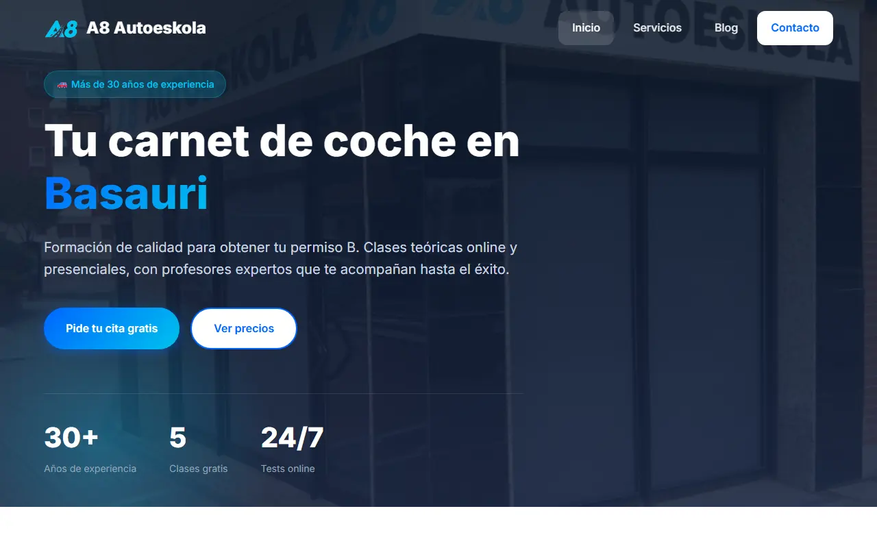 Screenshot of the A8 Autoeskola website