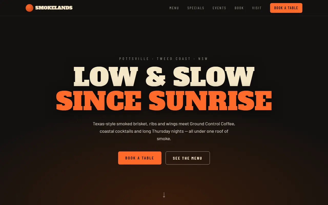 Screenshot of the Smokelands BBQ, Cafe & Bar website